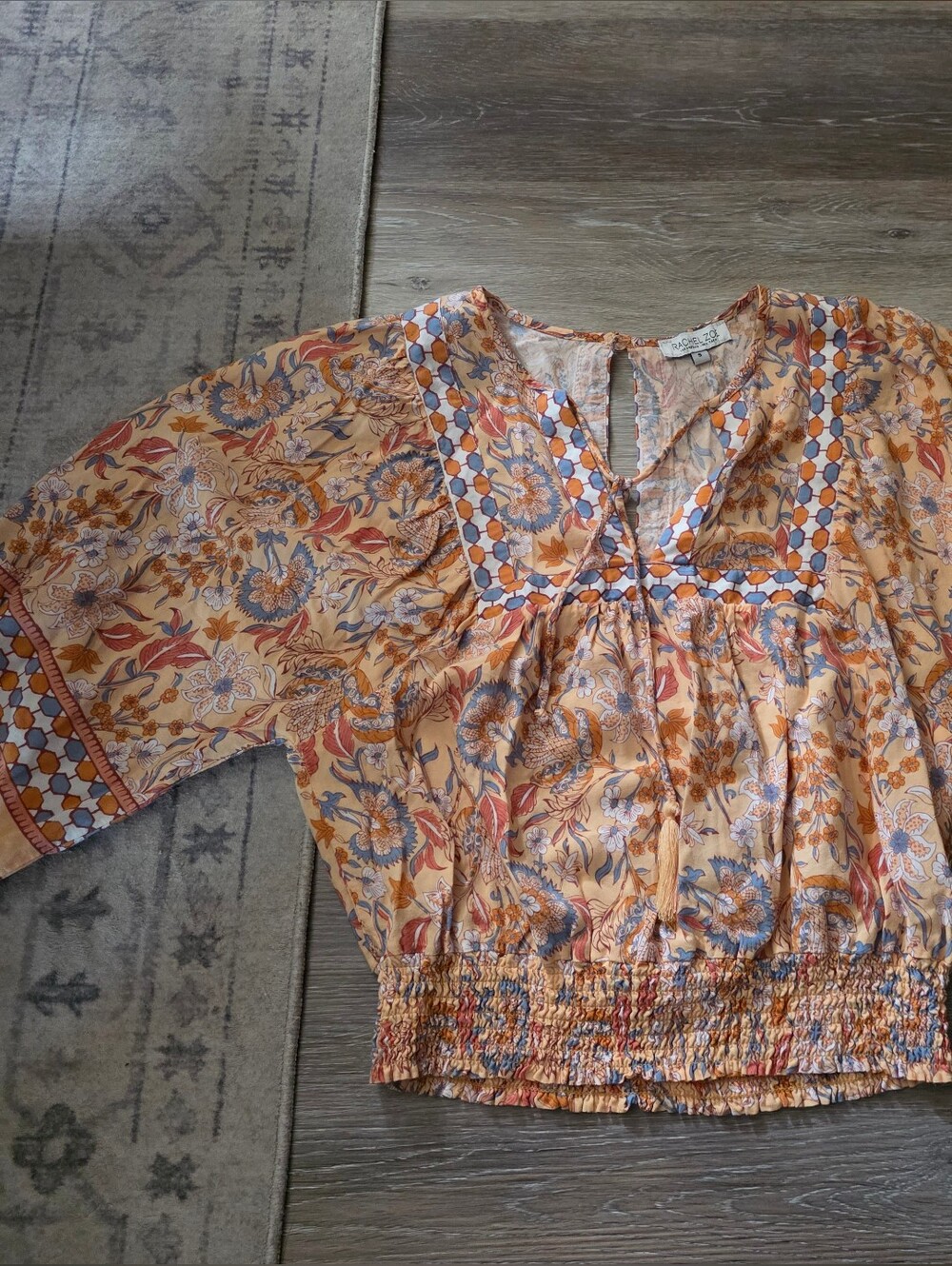 Rachel Zoe Peach Floral Smocked Peasant Blouse